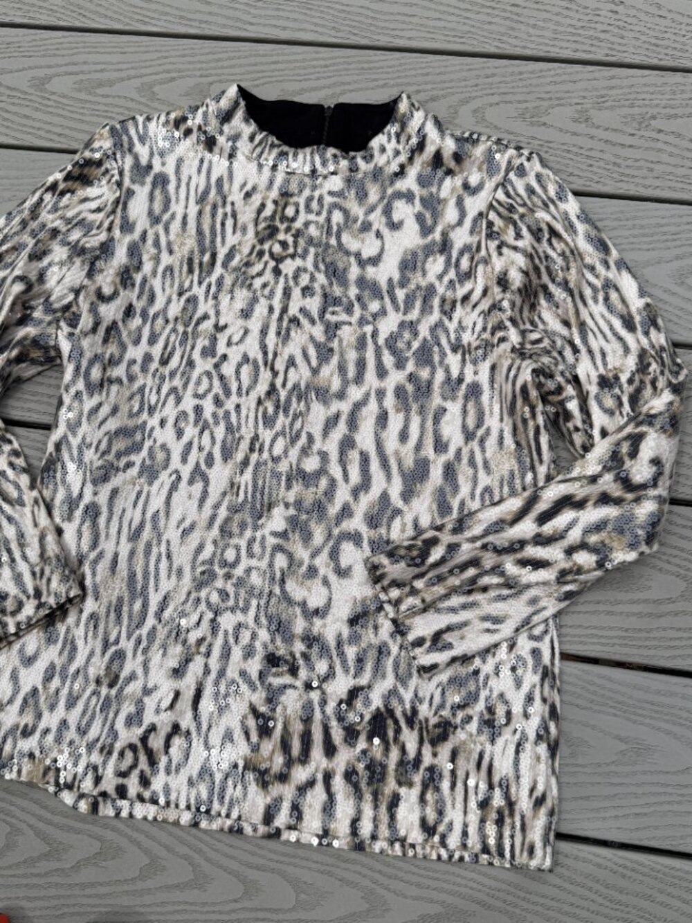 CHICOS Size 2 (L) Sequin Cheetah Blouse Shirt Top Leopard Tan Brown Black Womens